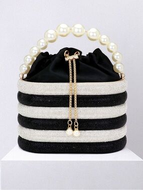 Elegant Black & White Pearl-Handle Women's Bag